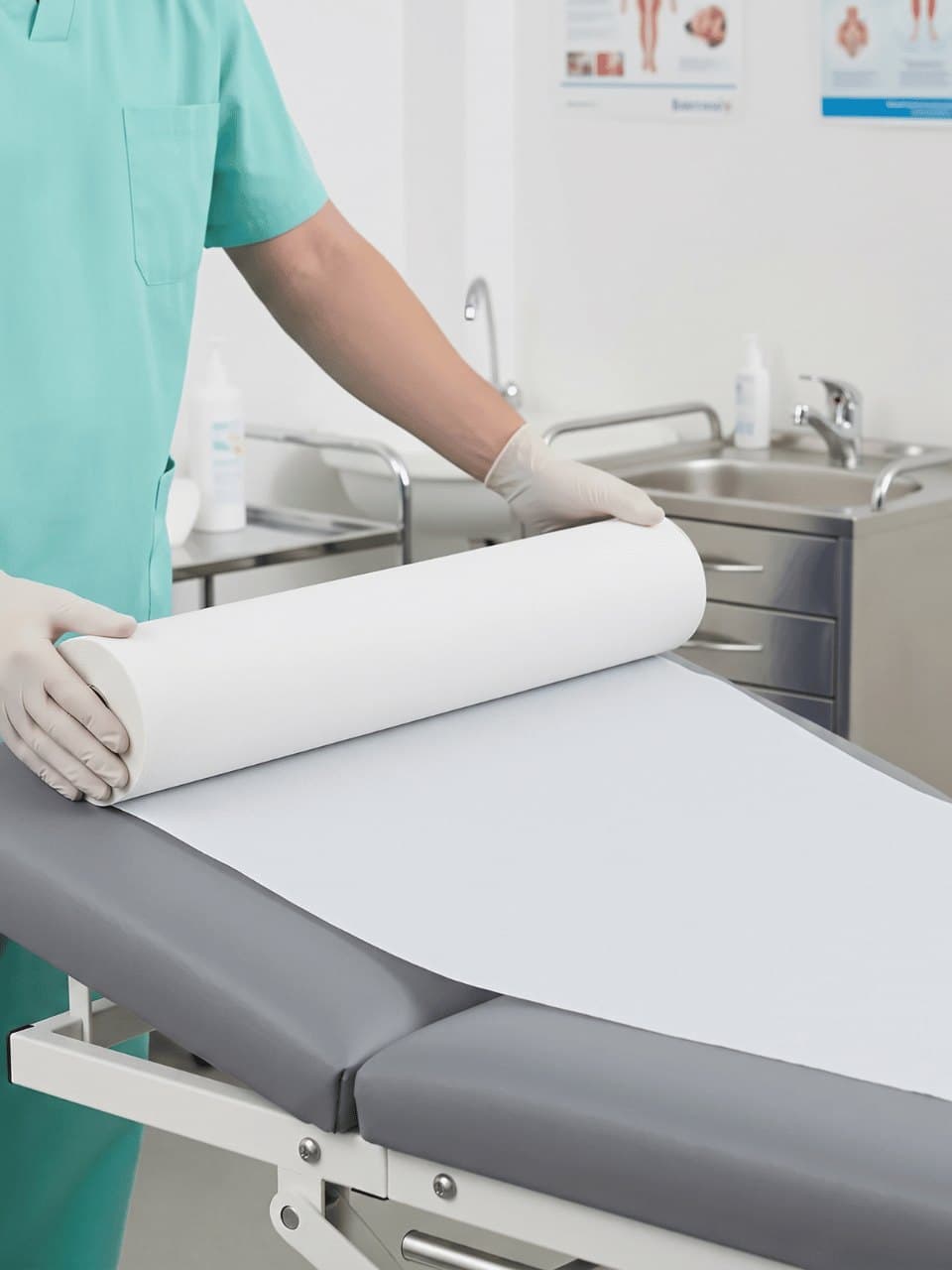 Profissional de saúde forrando a maca com o lençol de papel